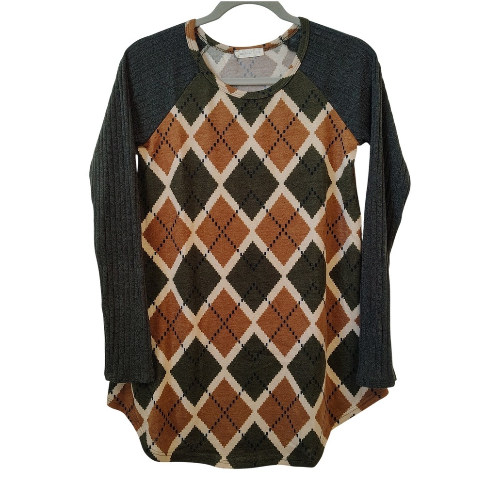 REB. in J.‎ Women's Long Sleeve Tunic Shirt Top Small Argyle Green Brown Cream